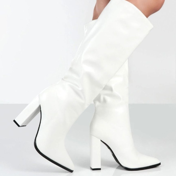 Public Desire White Knee High Block Heel Boots - Picture 1 of 3